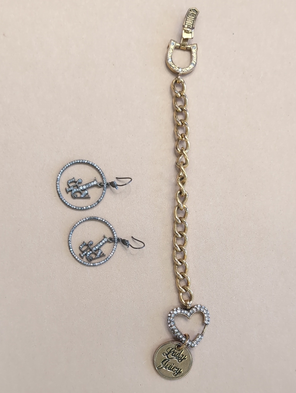 Juicy Couture Gold Charm Bracelet And Silver Earrings
